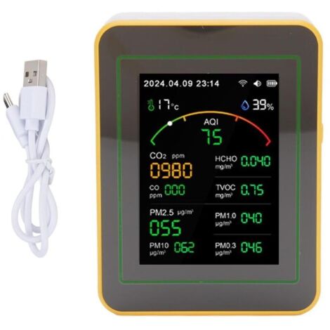Détecteur de qualité de l'air 15 en 1 WIFI APP Contrôle CO2 HCHO TVOC PM0.3 PM1.0 PM2.5 PM10 Température Humidité Date Heure Horloge Minuterie Testeur Blanc Jaune