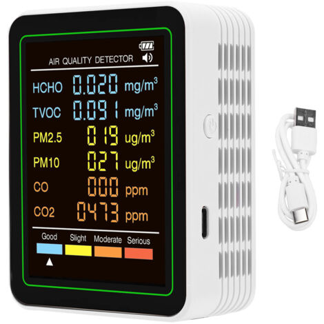 Détecteur de qualité de l'air 6 en 1, capteur infrarouge CO CO2 TVOC HCHO PM2.5 PM10, écran couleur LED, testeur d'intérieur blanc