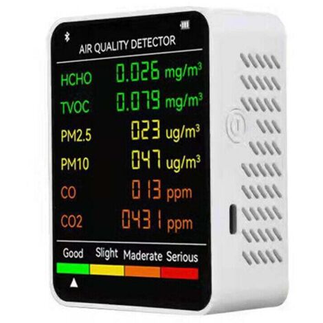 Détecteur de qualité de l'air 6 en 1 – Mesure PM2,5, PM10, HCHO, TVOC, CO, CO2 – Écran LCD – Recharge USB Type-C – Alarme couleur