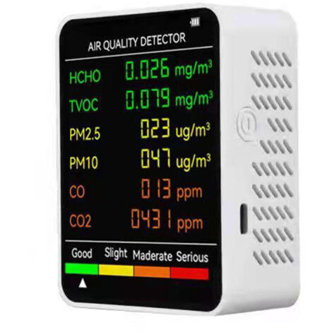Détecteur de qualité de l'air 6 en 1 – Monoxyde de carbone, dioxyde de carbone, formaldéhyde – Écran LCD – Alarme quadrichrome