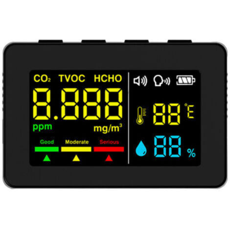 Détecteur de qualité de l’air HCHO/TVOC/CO₂ avec capteur électrochimique, thermohygromètre haute précision et alarme vocale