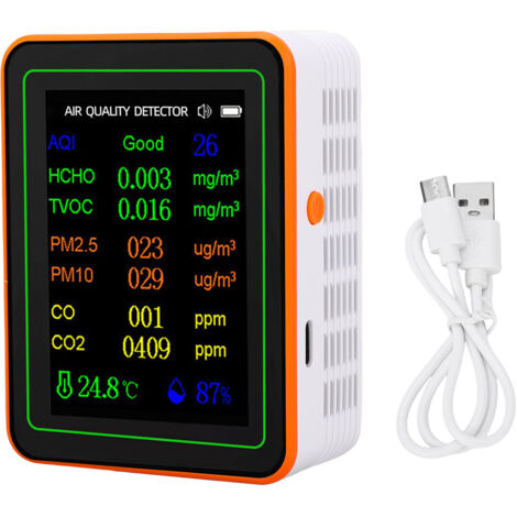 Détecteur de qualité de l'air, indice CO2 TVOC HCHO PM2.5 PM10, testeur de température et d'humidité, affichage couleur TFT, visualisation des courbes, blanc, Orange