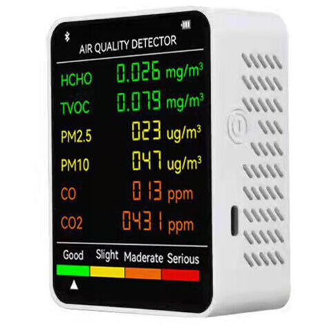 Détecteur de qualité de l'air multifonctionnel 6 en 1, moniteur de dioxyde de carbone et de formaldéhyde, avec grand écran LCD