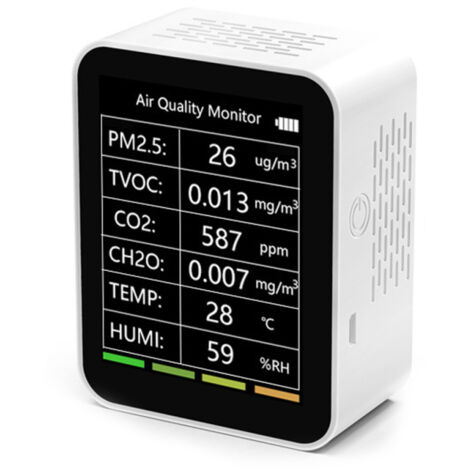 Détecteur de qualité de l'air portable pour la maison et le bureau, 6 en 1, multifonctionnel : détection des PM2.5, des COVT, du CO2, du CH2O, de la température et de l'humidité