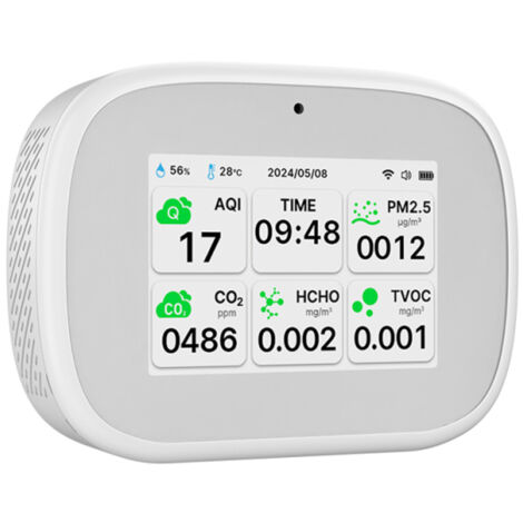 Détecteur de qualité de l'air Tuya WiFi 10 en 1, portable et domestique : mesure de l'IQA (PM2.5, PM1.0, PM10, CO2, TVOC, HCHO), écran TFT, fonction temps, température et humidité.
