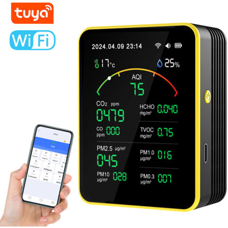 Détecteur de qualité de l'air Tuya WiFi 15 en 1,AQI PM0.3 PM1.0 PM2.5 PM10 CO CO2 TVOC HCHO Testeur,écran TFT,testeur de température et d'humidité,horloge polyvalente,avec fonction d'alarme,noir