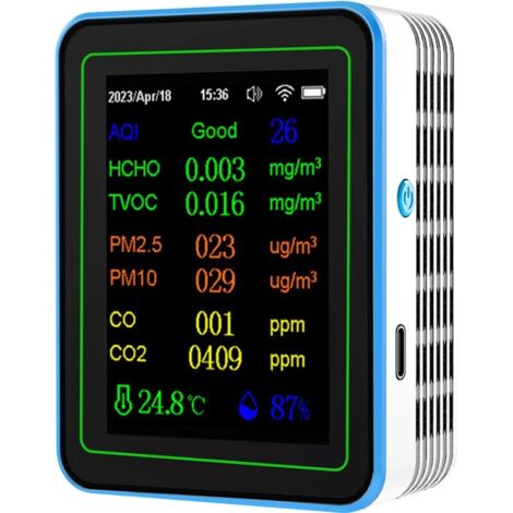 Détecteur de qualité de l'air WiFi 12 en 1, dioxyde de carbone avec affichage de l'heure/date AQI PM2.5 PM10 HCHO TVOC CO CO2 Testeur de température et d'humidité pour bureau, école