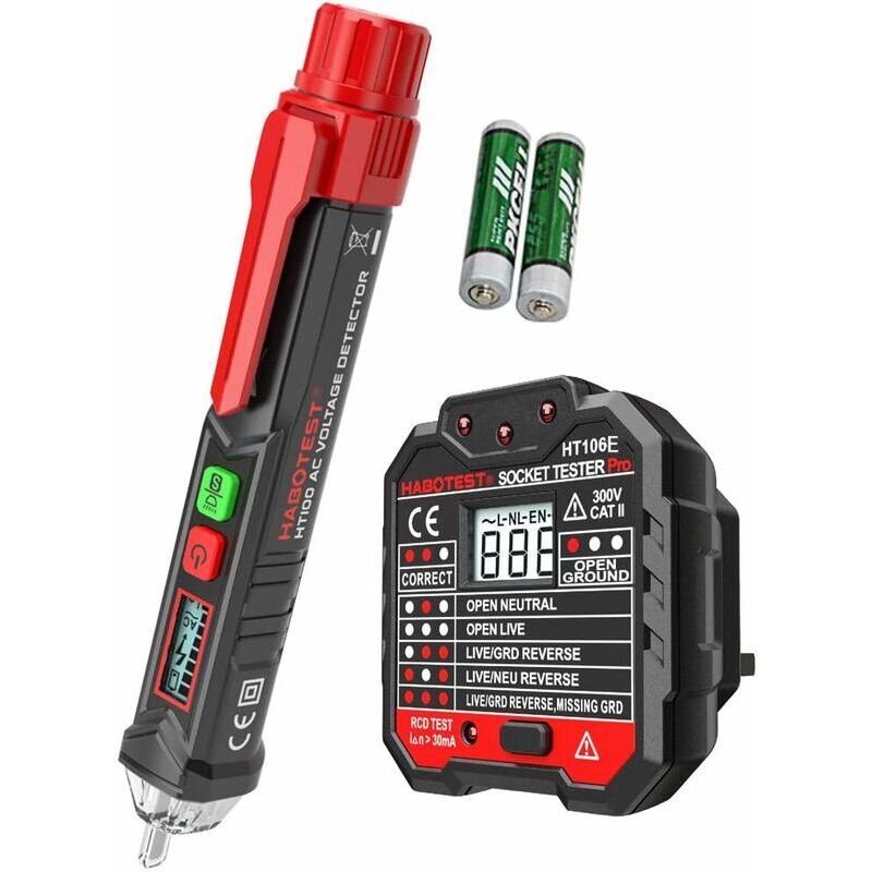 Détecteur de Tension Sans Contact AC avec Prise électrique RCD Avancé & écran LCD Rétroéclairé en Tension(1 Stylo et 1 Testeur de Prise LCD)
