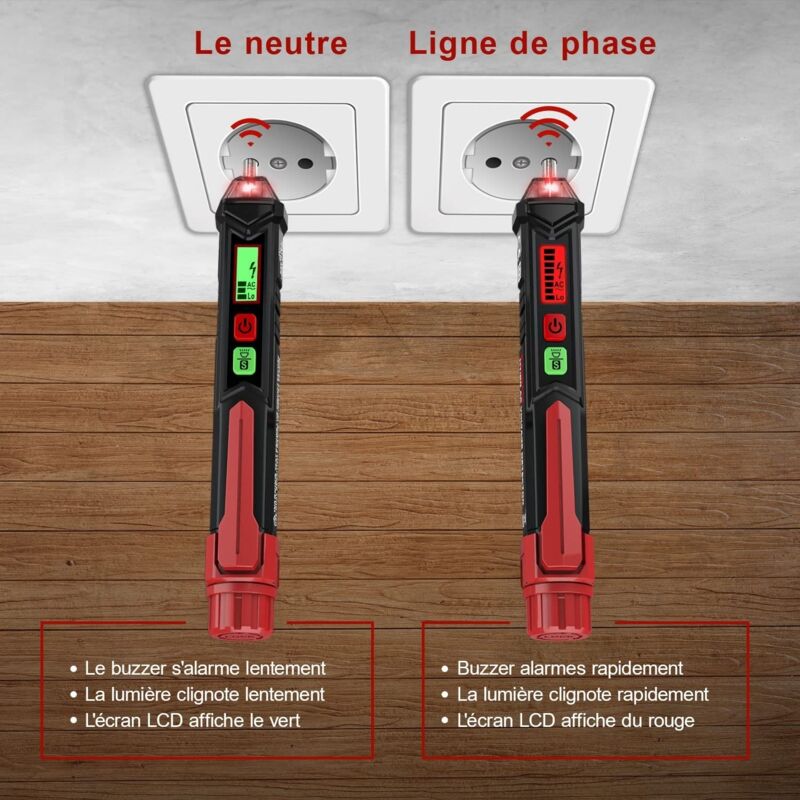 Détecteur de Tension sans Contact, Testeur de Tension avec Double Sensibilité 12V/48V-1000V, Écran LCD, Test de Fil de Phase/Neutre, Lampe de Poche,