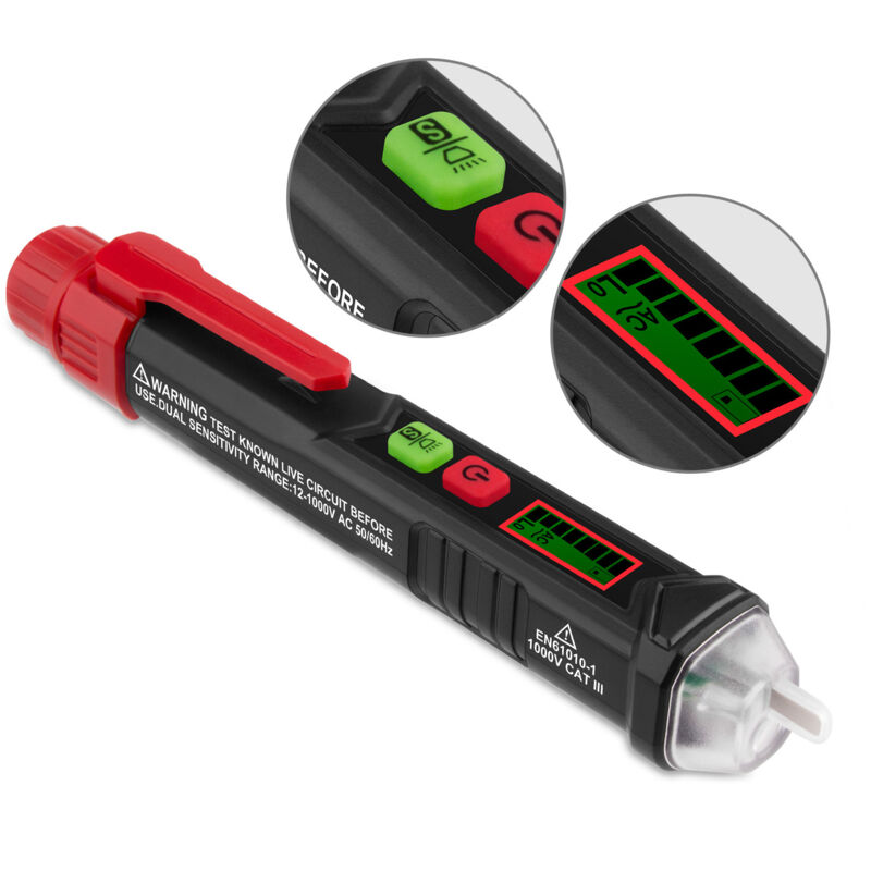 Détecteur de Tension sans Contact,Testeur de Tension avec Double Sensibilité 12V/48V-1000V, Écran lcd, Test de Fil de Phase/Neutre, Lampe de Poche,
