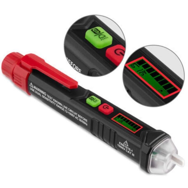 Détecteur de Tension sans Contact,Testeur de Tension avec Double Sensibilité 12V/48V-1000V, Écran LCD, Test de Fil de Phase/Neutre, Lampe de Poche,