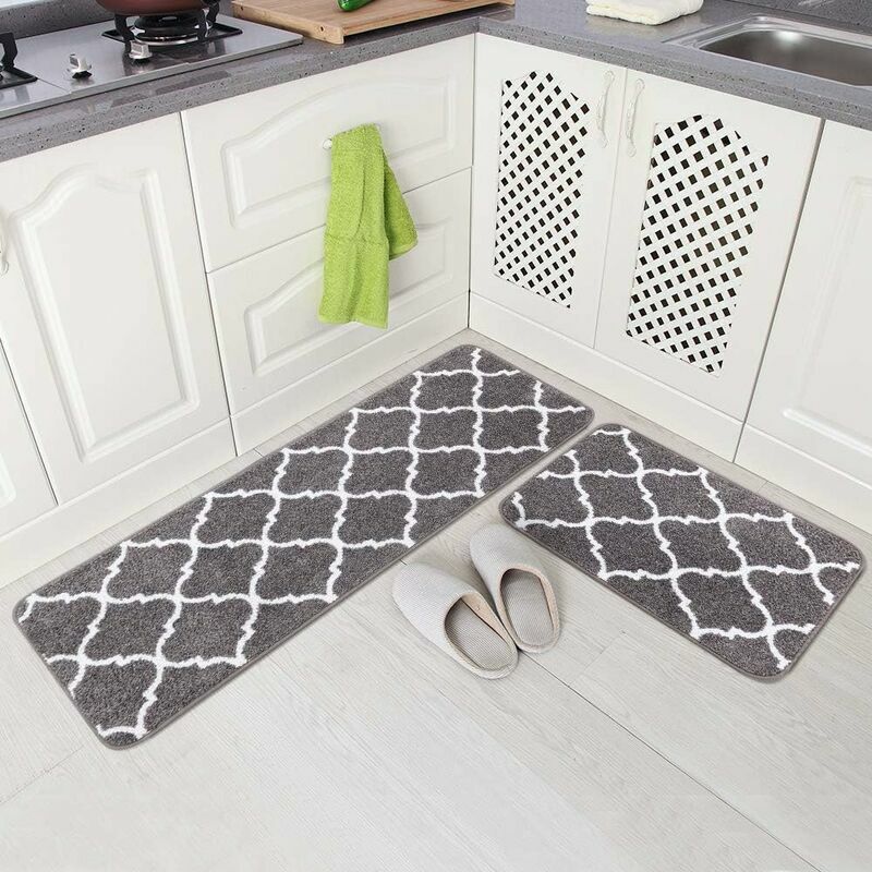 Tapis Cuisine Antidérapant Lavable en Machine Tapis de Bain Motif Marocain Paillasson Tapis de Sol Cuisine,43X61+43X122cm, (Gris,2pcs)