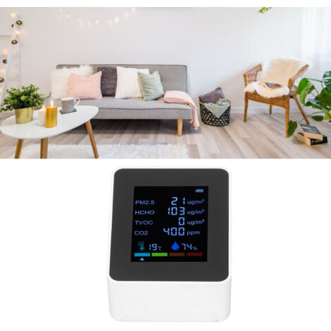 Détecteur Qualité Air CO2 PM2.5 TVOC HCHO 6 Fonctions avec USB Blanc ABS 9x7x3.4cm Moniteur Intégré Portable