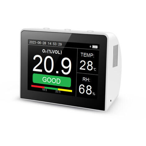 Détecteur qualité d’air 3 en 1 O2/Humidité/Température de bureau multifonction, moniteur intérieur/extérieur O2, thermohygromètre numérique 3,5 pouces avec enregistreur de données, batterie rechargeab