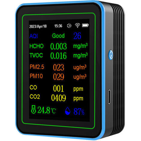 Détecteur qualité d’air WiFi 12 en 1, détecteur dioxyde de carbone avec affichage date/heure, AQI PM2.5 PM10 HCHO TVOC CO CO2 température humidité, testeur qualité d’air pour bureau école,de dyk.Trywi
