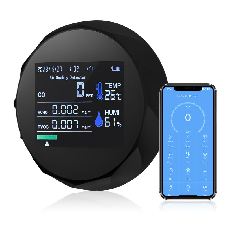 Détecteurs de monoxyde de carbone portables pour les voyages 5 en 1 Mini moniteur de qualité de l'air Connexion BT APP Détecteur de gaz CO TVOC HCHO