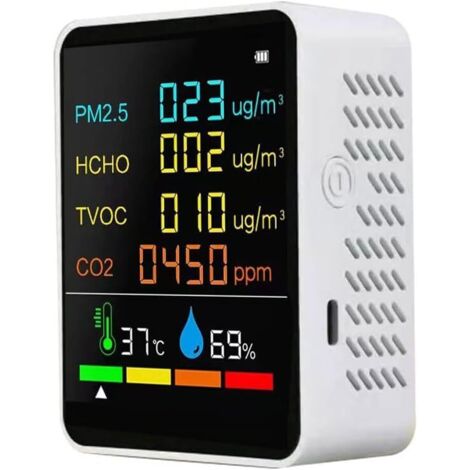 Detector de calidad del aire, comprobador de CO2 con dióxido de carbono, PM2.5, TVOC, HCHO, electricidad, cantidad, temperatura y humedad. Autocalibración con función de alarma.