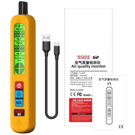 Detector de calidad del aire doméstico, sensor semiconductor, analizador COTV HCHO, pantalla retroiluminada, interfaz USB-C con cubierta de silicona.