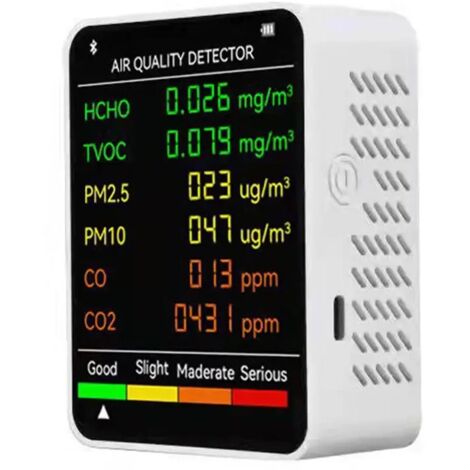 Detector de calidad del aire multifuncional 6 en 1, monitor de dióxido de carbono y formaldehído, con gran pantalla LCD