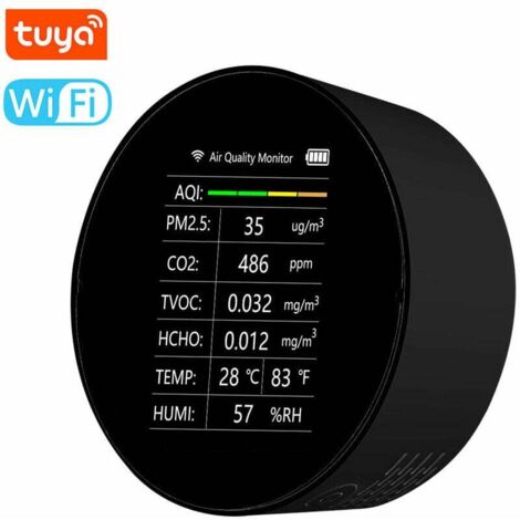 Detector de calidad del aire multifuncional Tuya WiFi 7 en 1, PM2.5, TVOC, CO2, HCHO, temperatura, humedad y AQI para casa, oficina y coche (negro)