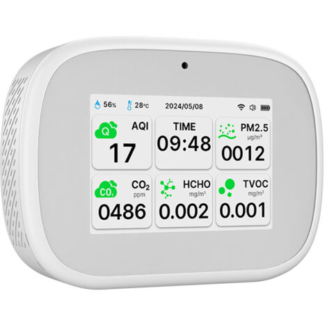 Detector de calidad del aire Tuya WiFi 10 en 1, portátil y para el hogar: medición del ICA (PM2.5, PM1.0, PM10, CO2, TVOC, HCHO), pantalla TFT, función de hora, temperatura y humedad.
