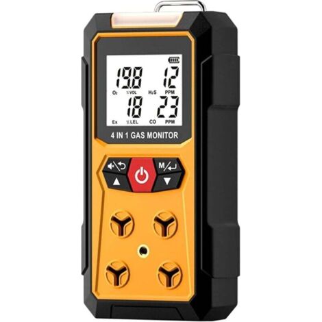 Detector de fugas de gas 4 en 1 (H₂S, EX, O₂, CO). Monitor de seguridad fiable para el hogar y el trabajo con detección precisa, batería recargable, construcción robusta y alerta instantánea.
