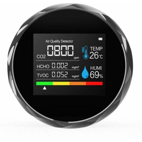 Detector de gas CO2 multifuncional, incluye analizador de aire de batería para CO2/TVOC/HCHO/temperatura/humedad, para el hogar y la oficina, 5 en 1, negro. CO2/TVOC/HCHO/temperatura/humedad.
