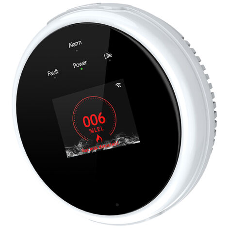 Detector de gas inteligente Wi-Fi con alarmas visuales y sonoras, conectado a la aplicación Tuya, con pantalla LCD y monitorización de temperatura.
