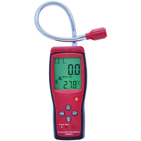 Detector de gas natural con pantalla LED y sensor flexible de cuello.