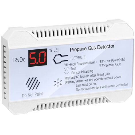 Detector de gas propano para autocaravanas, potente alarma de 85 dB, 12 V CC, tamaño mini y compacto, pantalla digital blanca, ideal para caravanas, autocaravanas y casas rodantes.
