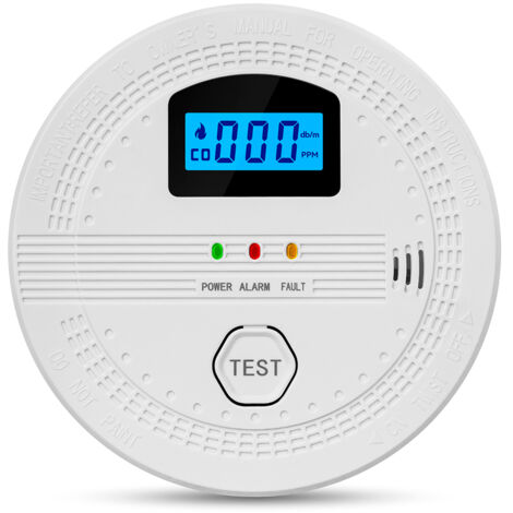 Detector de humo de monóxido de carbono con sensor electroquímico, pantalla digital, alarma sonora y visual, indicador LED.