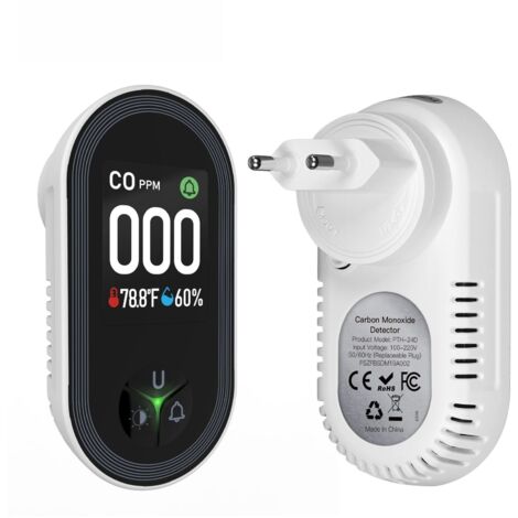 Detector de monóxido de carbono 3 en 1 para montaje en pared con pantalla grande que muestra el nivel de CO, la temperatura y la humedad, 4 iconos de alerta de colores y brillo ajustable.