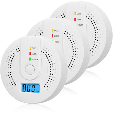 Detector de monóxido de carbono a pilas (paquete de 3) con pantalla LCD digital para el hogar, la cocina, el restaurante, el hotel y la oficina (pilas no incluidas), de DEBUNS