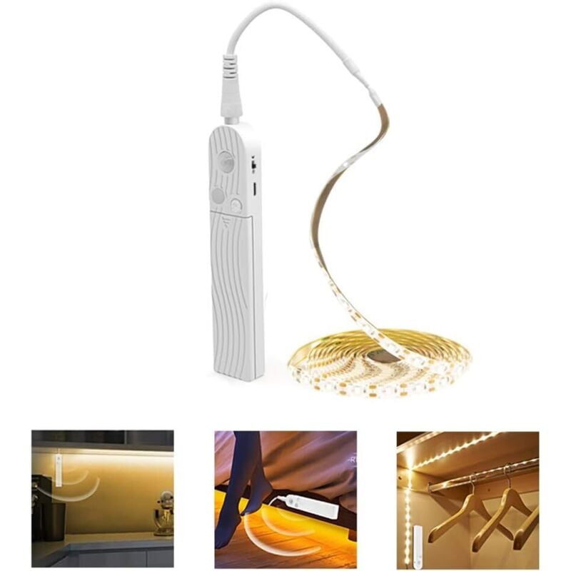 Detector de movimiento LED, PDGROW Lámpara de armario impermeable, luz nocturna de 300 cm, tira LED con sensor, 6000 K para muebles, escaleras,