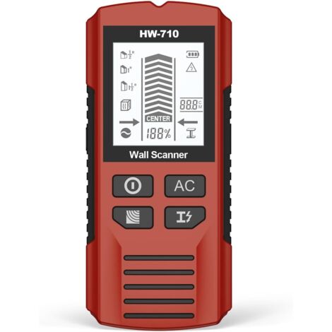 Detector de pared 5 en 1 con chip mejorado: detecta madera, metal, cables de CA y tuberías. Buscador de cables con pantalla LCD y alarma sonora para precisión en bordes y centro. Color rojo intenso (s