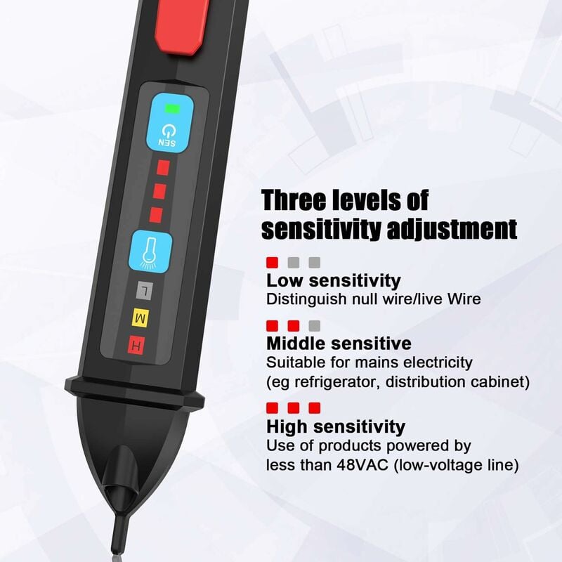 

Detector de voltaje sin contacto probador de corriente ajustable con sensibilidad ajustable y linterna con pantalla LCD y LED Alarma de pitido de