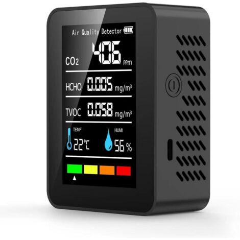 Detector portátil de calidad del aire 5 en 1: mide CO2, HCHO, TVOC, humedad, temperatura y partículas para el hogar, la oficina y el coche.