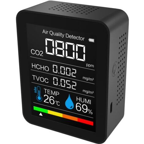 FITAGS Detector portátil de calidad del aire, medidor de CO2, medidor digital de temperatura y humedad, detector de dióxido de carbono, TVOC, formaldehído y HCHO (negro)