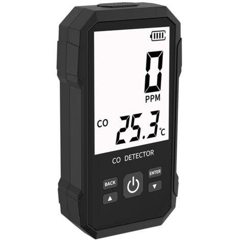 Detector portátil de monóxido de carbono con función de prueba de temperatura y alarma sonora y visual.