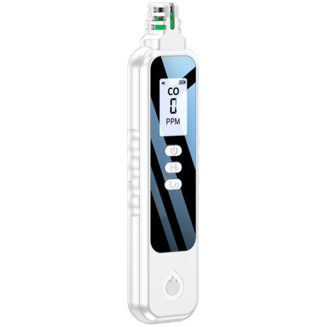 Detector portátil de monóxido de carbono con sensor electroquímico, pantalla LCD de 1,1 pulgadas, alarma sonora y visual e indicador de batería baja.