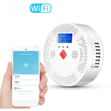 Detector portátil de monóxido de carbono Tuya Wifi con pantalla LCD, alarma sonora y visual e indicador de batería baja.