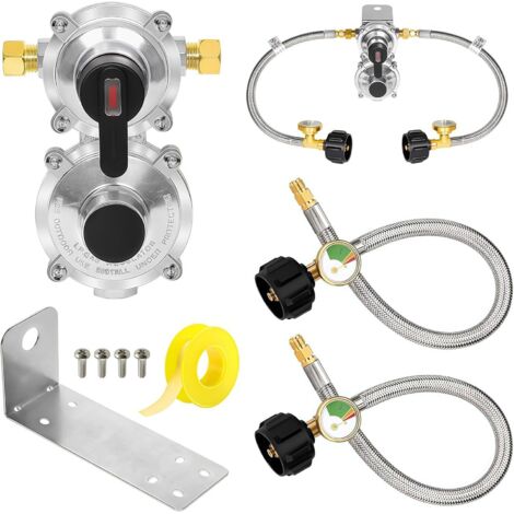 Détendeur de Propane, Détendeur Gaz Caravane Propane à Deux Étages avec Tuyau de 45,7 cm Régulateur Automatique de Gaz avec Manomètre et Voyants Lumineux pour le Grillades en Plein Air et Camping