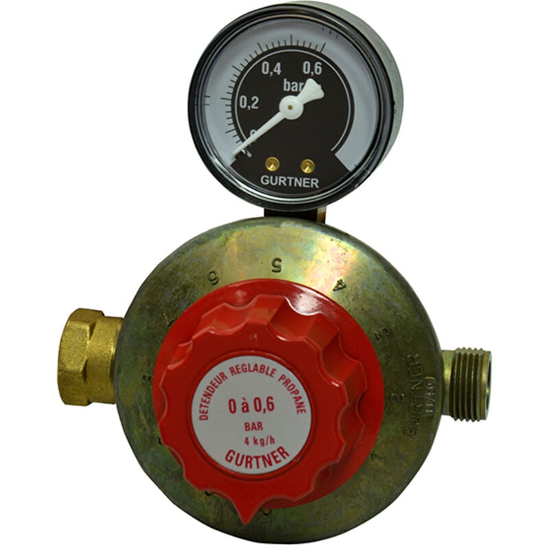 Détendeur réglable propane basse pression avec manomètre 4kg/h - 0 à 600 mbar - entrée écrou bouteille - sortie M20x150 Gurtner