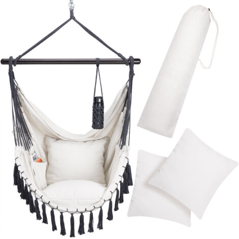 Detex Amaca a Poltrona max. 150 kg Boho Style Cotone Naturale Intrecciato Macramè Portabevande 2 Cuscini XL Altalena da Giardino Crema
