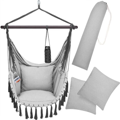 DETEX® Boho Style Hanging Hammock Chair w/Drink Holder 2 Cushion Indoor Outdoor   Light Grey