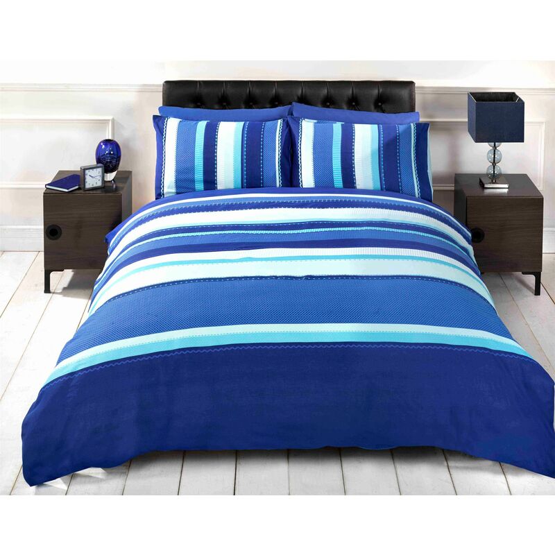 Rapport - Detroit Blue White Striped Duvet Cover Quilt Bedding Set, King Size