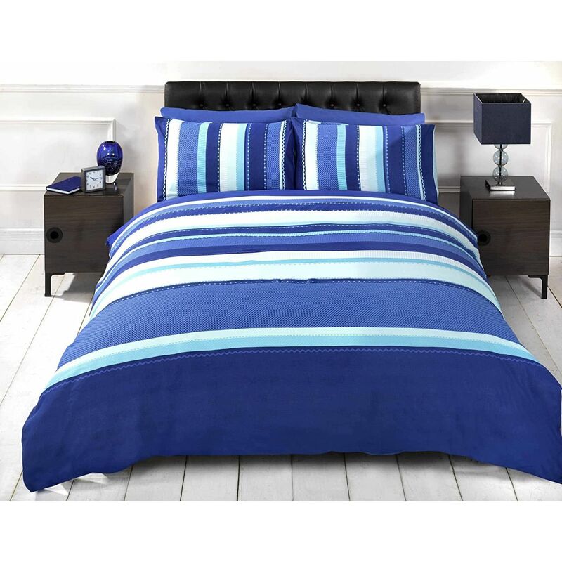 Detroit Blue White Striped Duvet Cover Quilt Bedding Set, Single Bed Size