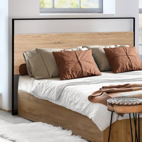 DETROIT Cabecero de 145 cm de diseño industrial de madera y metal negro con fijaciones de pared