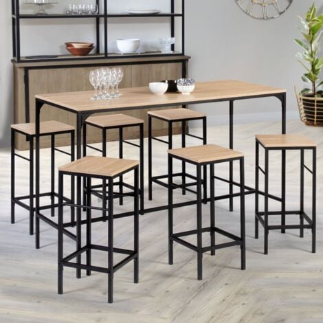 DETROIT Conjunto de mesa de bar de 150 cm de altura y 6 taburetes de diseño industrial