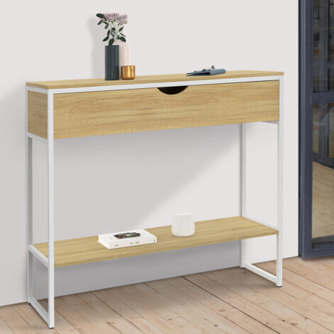 DETROIT Consola de 1 cajón con 1 estante, diseño industrial, madera y metal blanco